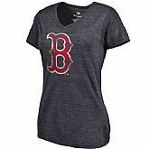 Women's Boston Red Sox Fanatics Branded Primary Distressed Team Tri Blend V Neck T-Shirt Heathered Navy FengYun